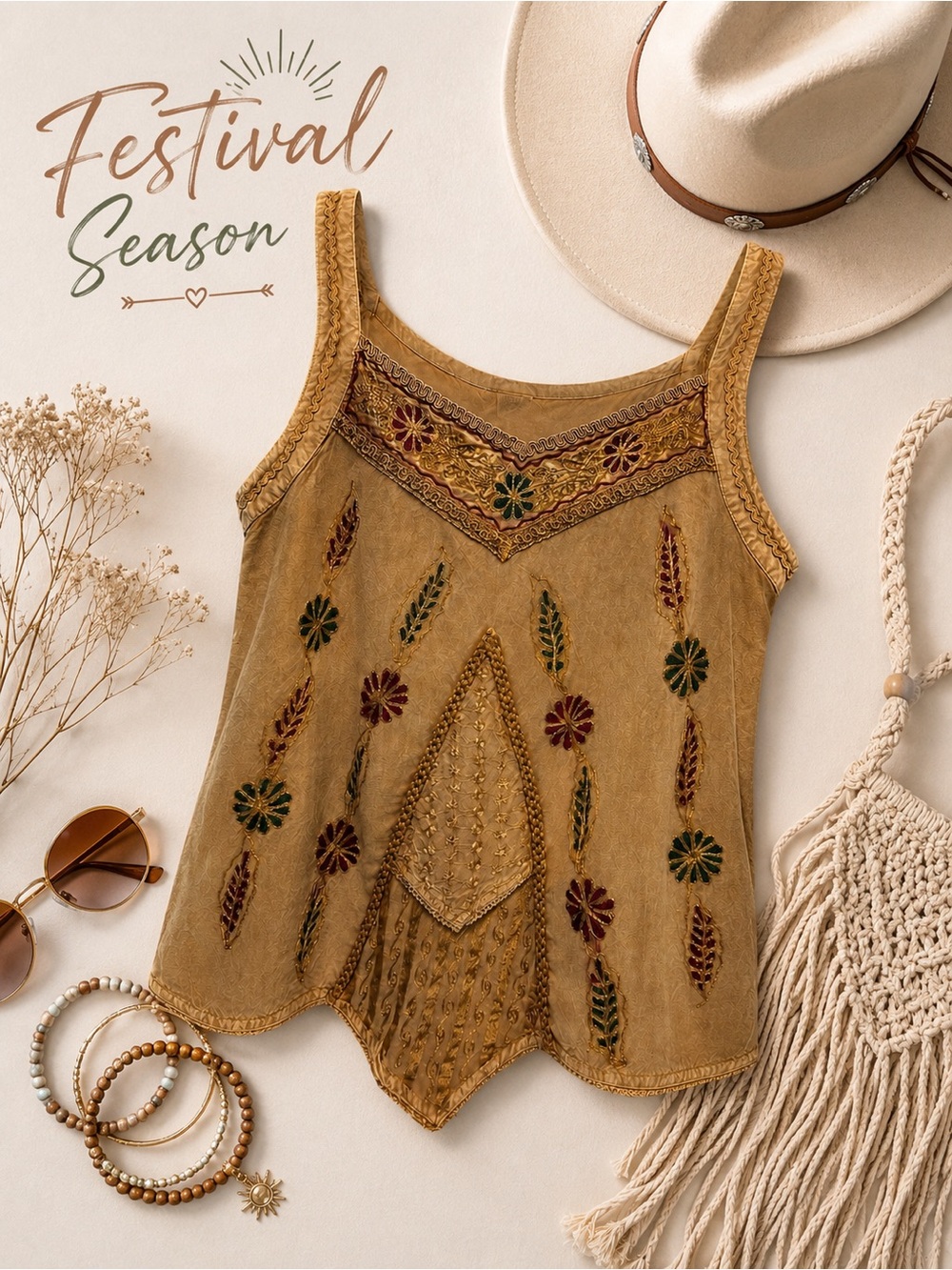 Boho Embroidered Festival Season Statement Tank Top Earth Tone Cottagecore Y2
